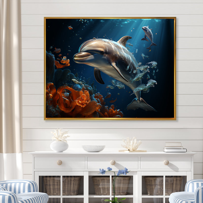 Dauphin éternel dansant II sur toile, H 30 po x l 40 po x P 1,5 po, Cadre flottant doré