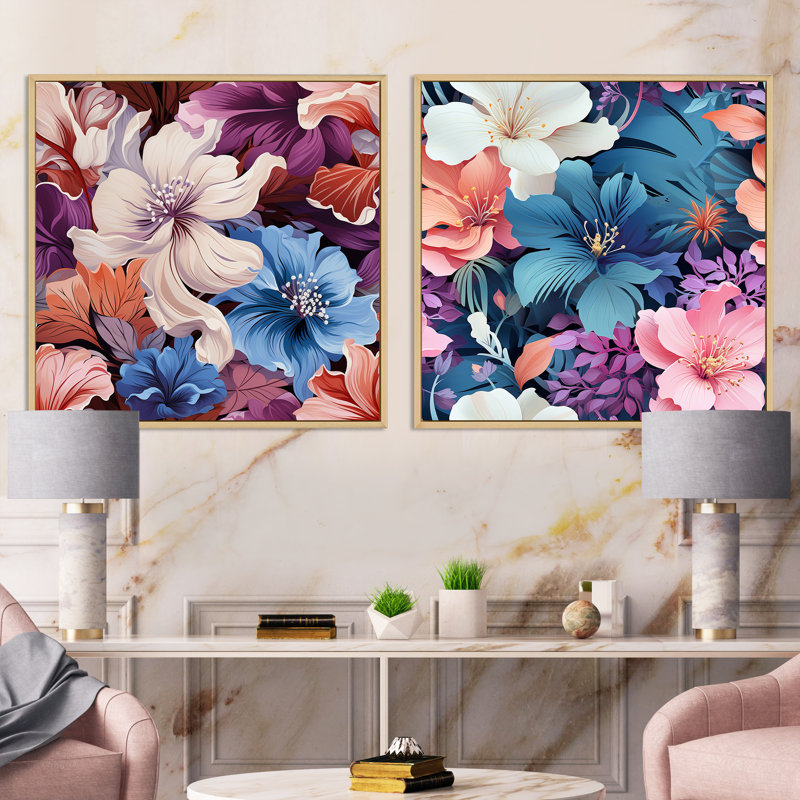 Bellefonte - Ensemble de 2 collages floraux carrés, H 16 po x l 33 po, Cadre flottant brun
