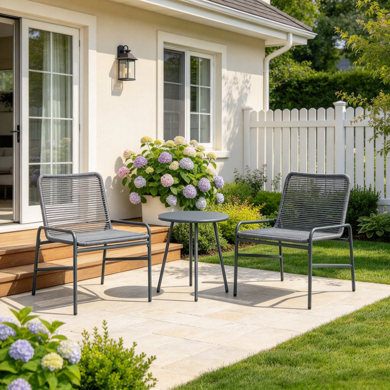 3 Piece Rattan Bistro Set, Outdoor Garden Furniture Set with 2 Chairs, Round Coffee Table for Patio, Balcony, Dark Grey