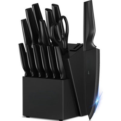 Knife Set, Kitchen Knife Set With Built-In Sharpener Block, Dishwasher Safe, 15 Pieces Stainless Steel Knife Block Set, Black