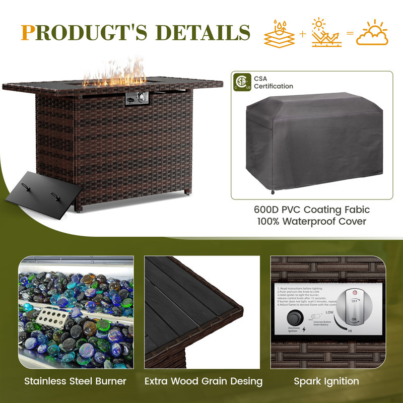 Trinden Rectangular Rattan Propane Fire Pit Table with Hidden Tank