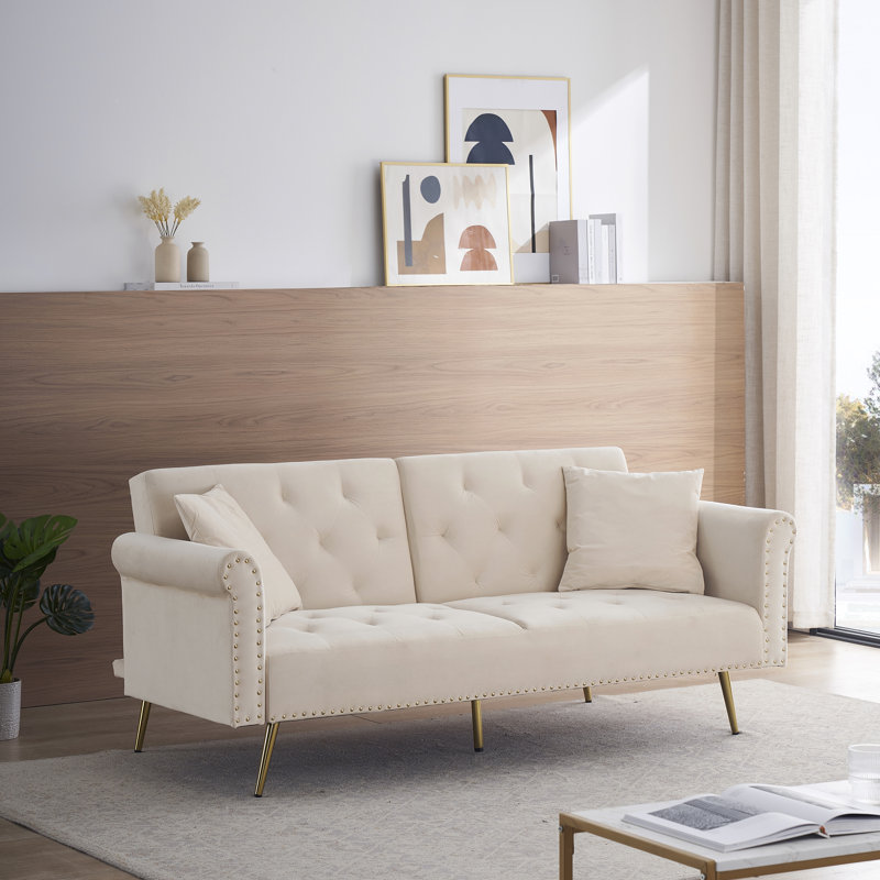 Canapé-lit en velours 61,4 Fantaisa, Beige, Bois massif et bois manufacturé