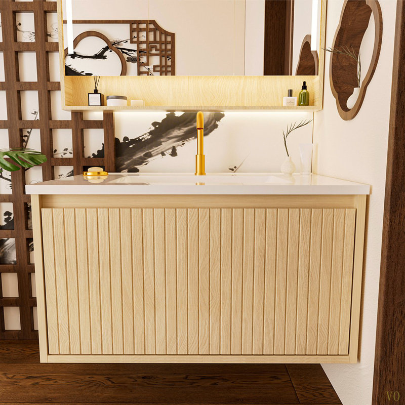 Meuble-lavabo de salle de bain 30 po avec lavabo en céramique, Bois naturel