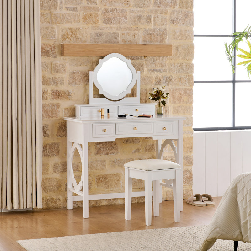 Coiffeuse compacte avec miroir réversible, coiffeuse avec tabouret, coiffeuse compacte pour petits espaces, coiffeuse à maquillage
