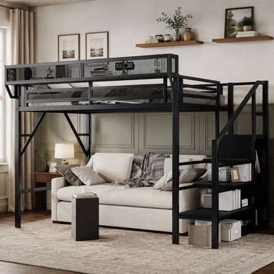 Loft Bed with Stairs, Metal Full Loft Bed with Storage Shelves, High Loft Bed with Wardrobe for Kids Teens