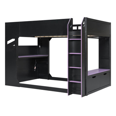 Lit mezzanine en bois pleine grandeur avec bureau réglable en hauteur, tiroirs, compartiments de rangement, tringle et lumières RVB, noir et mauve