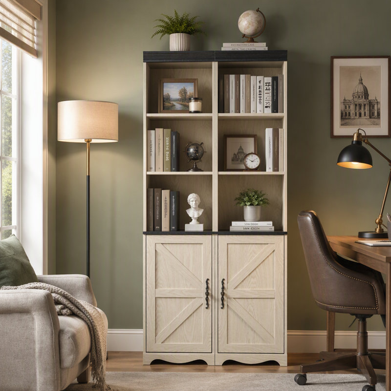 Armoire de rangement haute de style champêtre avec étagères réglables, bibliothèque en MDF imitation bois 3D avec porte coulissante de style grange