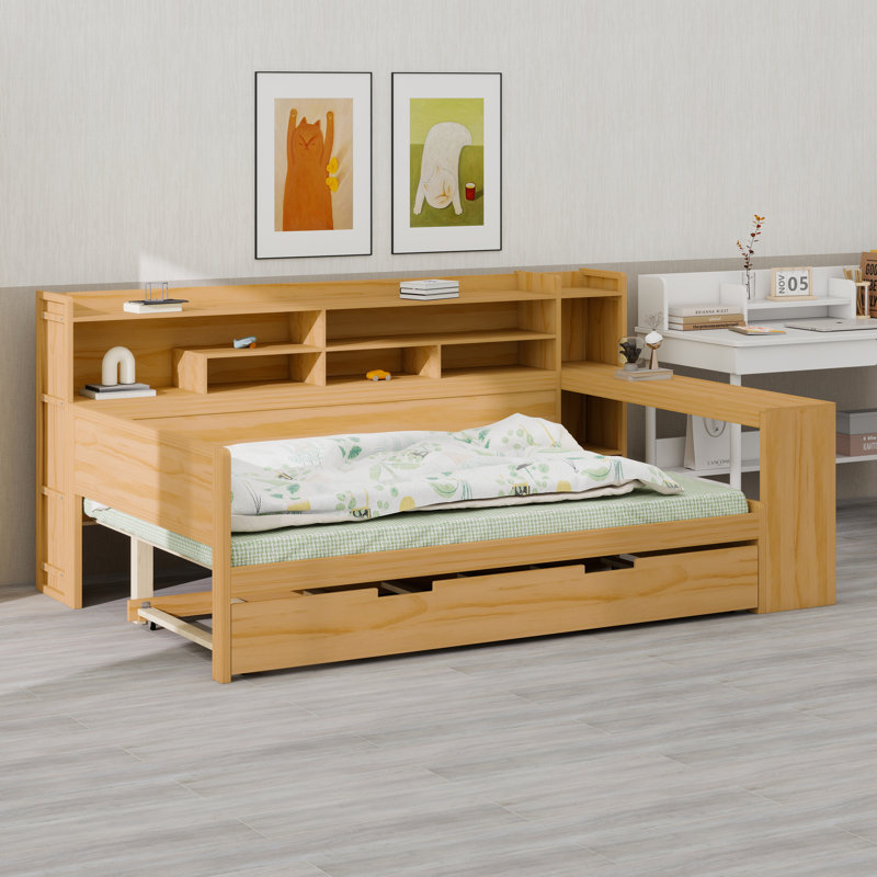 Lit de jour avec tablettes, lit gigogne caché et bureau d'étude, conception peu encombrante, Naturel