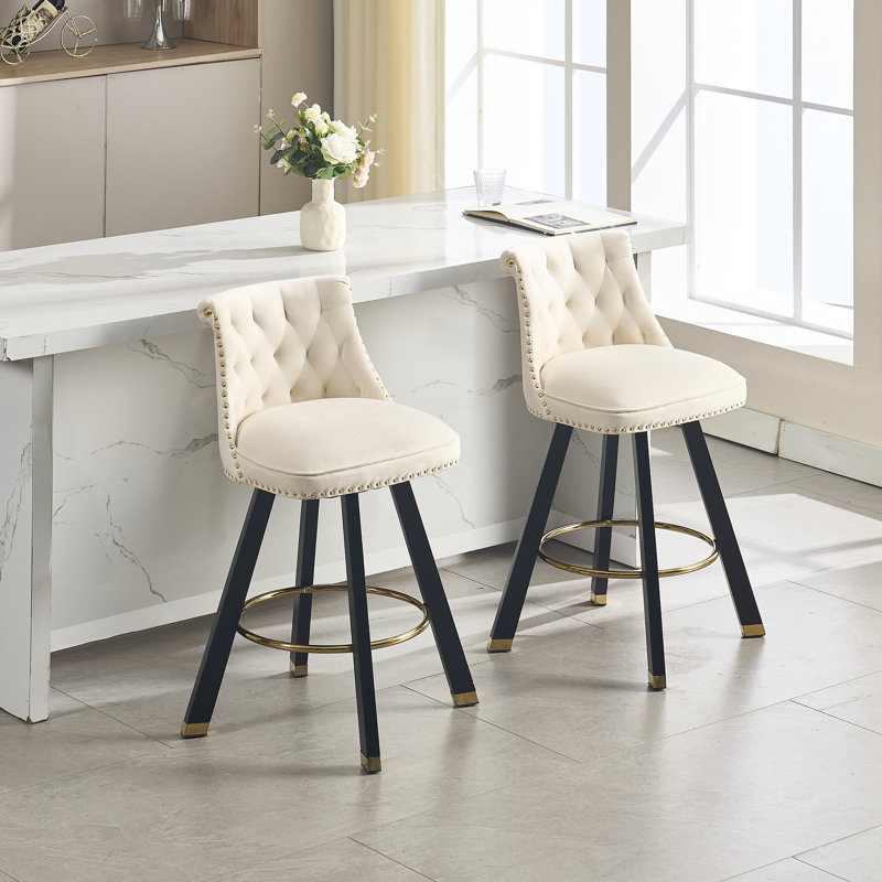 Chaise de bar carrée rotative à 360 degrés avec velours et revêtement rotatif, Beige