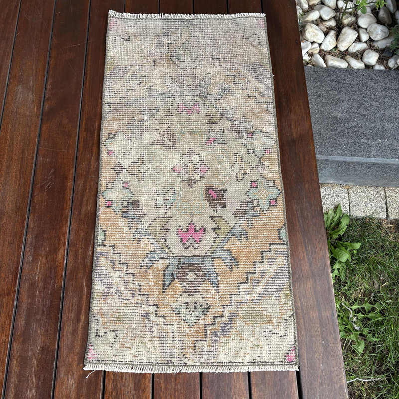 Charming Beige Boho Chic Small Turkish Oushak Rug Ideal for Door Mat or Accent Rug in Beige Tones with Intricate Design Elements