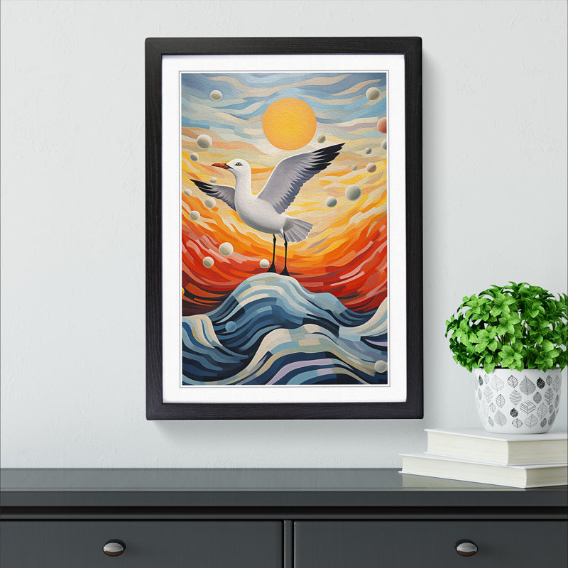 Seagull Abstract - Single Picture Frame Print on Wood, 46cm H x 34cm W x 2cm D, Black
