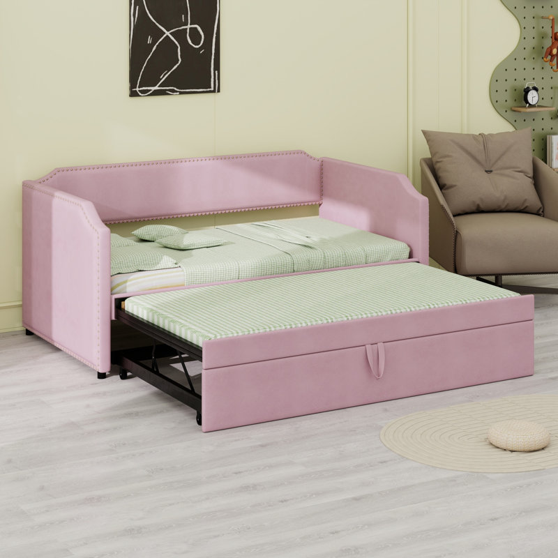 Velvet Upholstered Daybed With Pop Up Trundle, Pink
