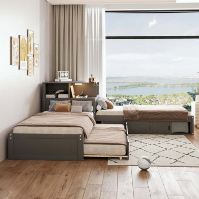 Twin Size L-Shaped Platform Bed with Storage, Desk, Trundle and LED Light