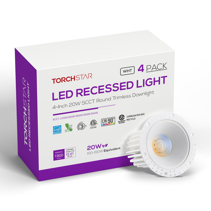 4" 5CCT LED Recessed Lights with J-Box, Dimmable Round Trimless Downlight, Deep Baffle Trim, Mud-in, Plaster-in, Anti-Glare, 20W Aluminum Ceiling Lights for Living Room, Kitchen, Bedroom
