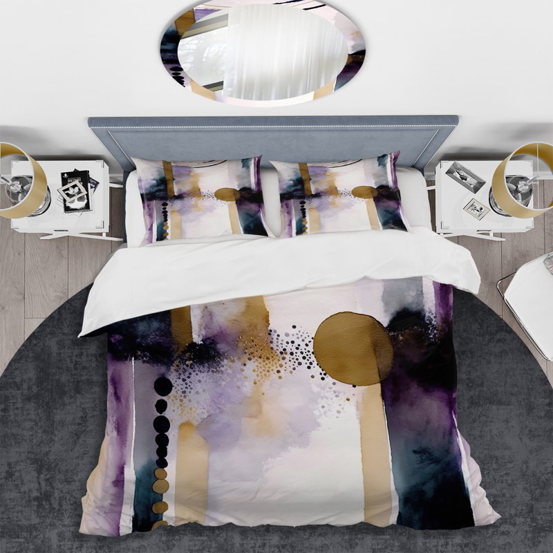 Ensemble de housse de couette en microfibre / polyester abstrait géométrique mauve et doré II