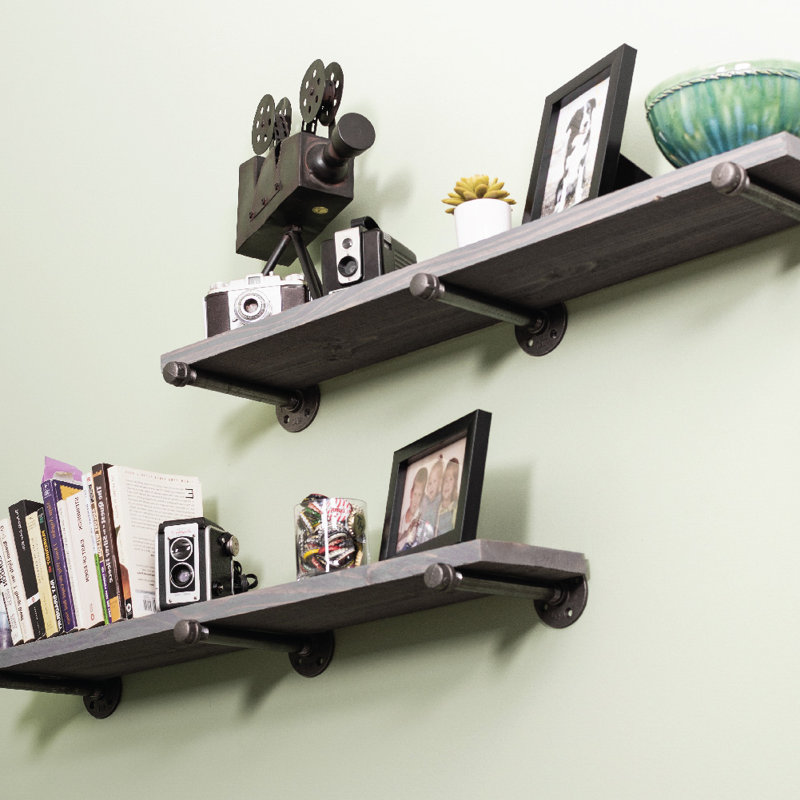 Pingree 2 Piece Solid Wood Industrial Pipe Shelves, Riverstone Gray