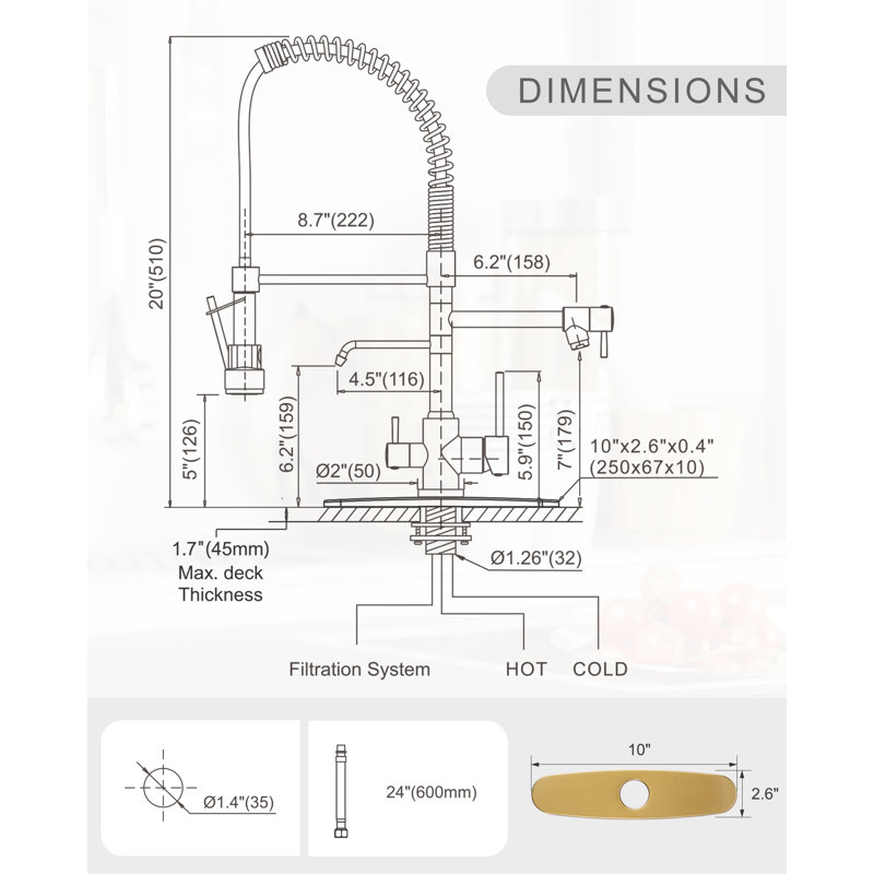 Double-Handles Pull Down Sprayer Kitchen Faucet With Drinking Water Pull Out Spray Wand In Solid Brass, Gold