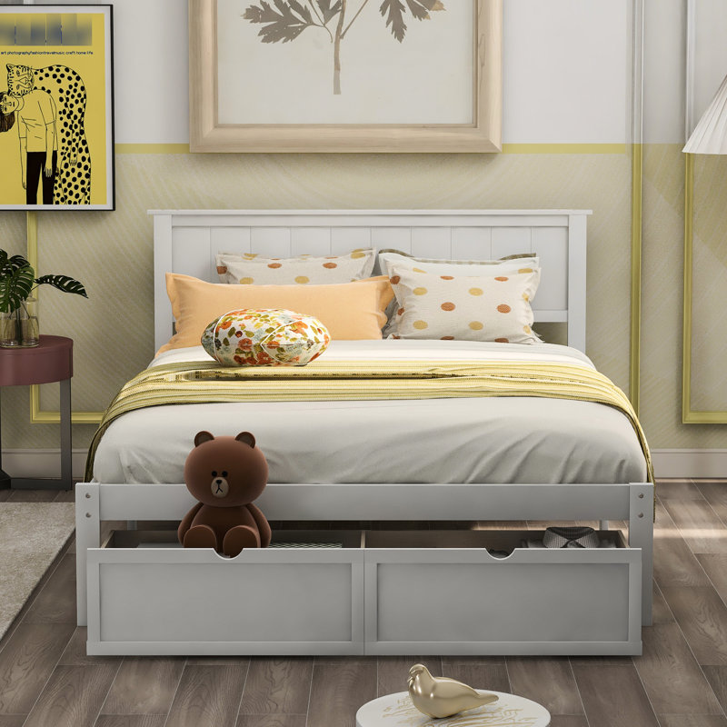 Lit plateforme double en blanc avec de magnifiques capacités sous le tiroir - pin créé et pour une chambre à coucher, rangement spacieux, confortable et confortable
