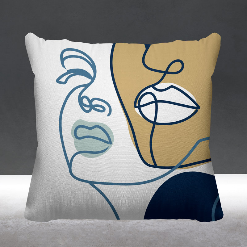 Coussin décoratif intérieur / extérieur Conte Minimalist Line Face, L 15 po x H 15 po, Bleu marine