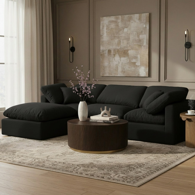 Canapé modulaire rembourré 4 pièces Hinami, Tissu texturé en lin noir
