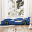 Lit plateforme simple Blue Race Car pour adolescents, en bois avec roues, confortable et fonctionnel, rangement à la tête, lit jaune à assemblage rapide, conception esthétique des roues, rails,