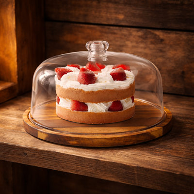 Round Wooden Decorative Cake and Snack Serving Tray with Clear Cover