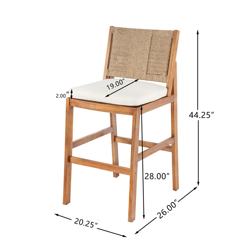 Ensemble de 2 tabourets de bar d'extérieur en bois d'acacia, finition teck avec coussins crème