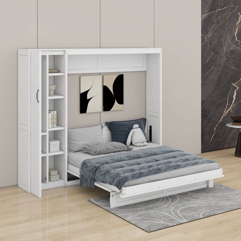 Lit escamotable mural Murphy avec tablettes, garde-robe et lumières DEL, Blanc, Grand lit