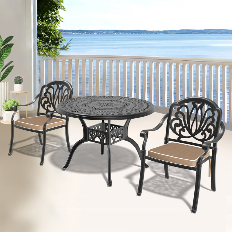 Ensemble repas de patio avec table ronde, coussins bruns inclus, 2