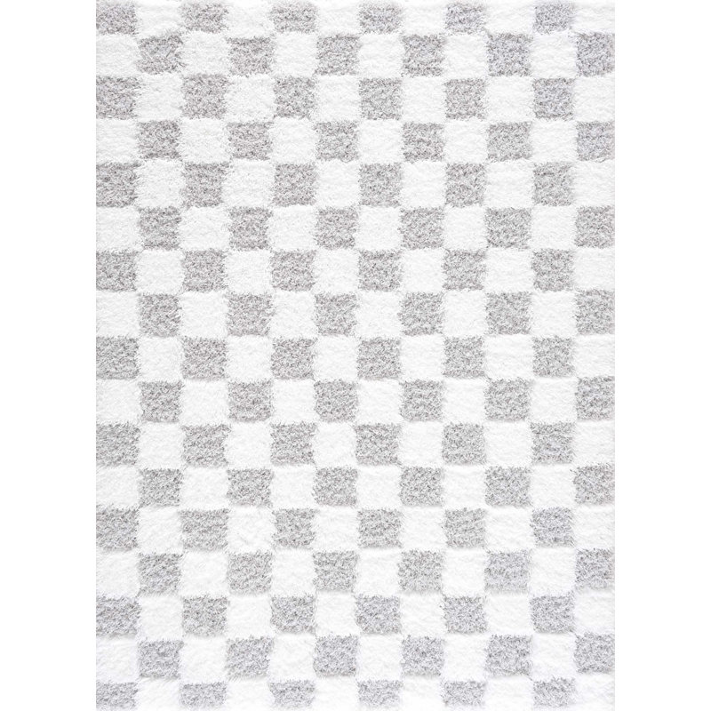 Atiran Checkered Plush Pile Gray Area Rug, Rectangle 5'3" x 7'3"