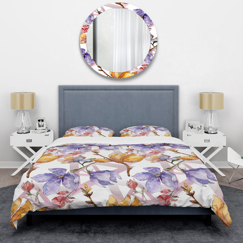Ensemble de housse de couette fleurs jaunes et mauves, Housse de couette simple + 1 taie décorative stan