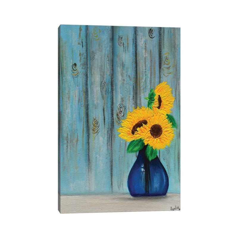 Sunflowers in Blue Vase 1 Piece Wrapped Canvas Painting