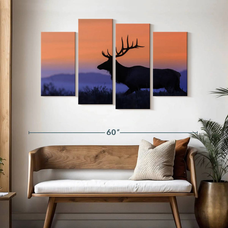 Wapiti brulé contre le coucher du soleil, H 32 po x l 52 po