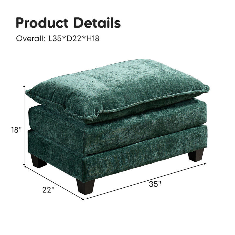 Grid Modular Ottoman for Sectional Sofa, Chenille Comfy Upholstered Furniture for Living Room, Green