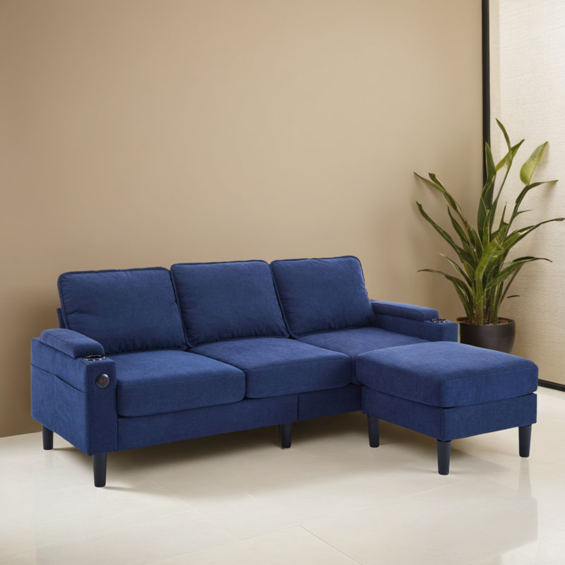 Canapé modulaire réversible 78,12 po avec repose-pieds pour salon, Lin bleu