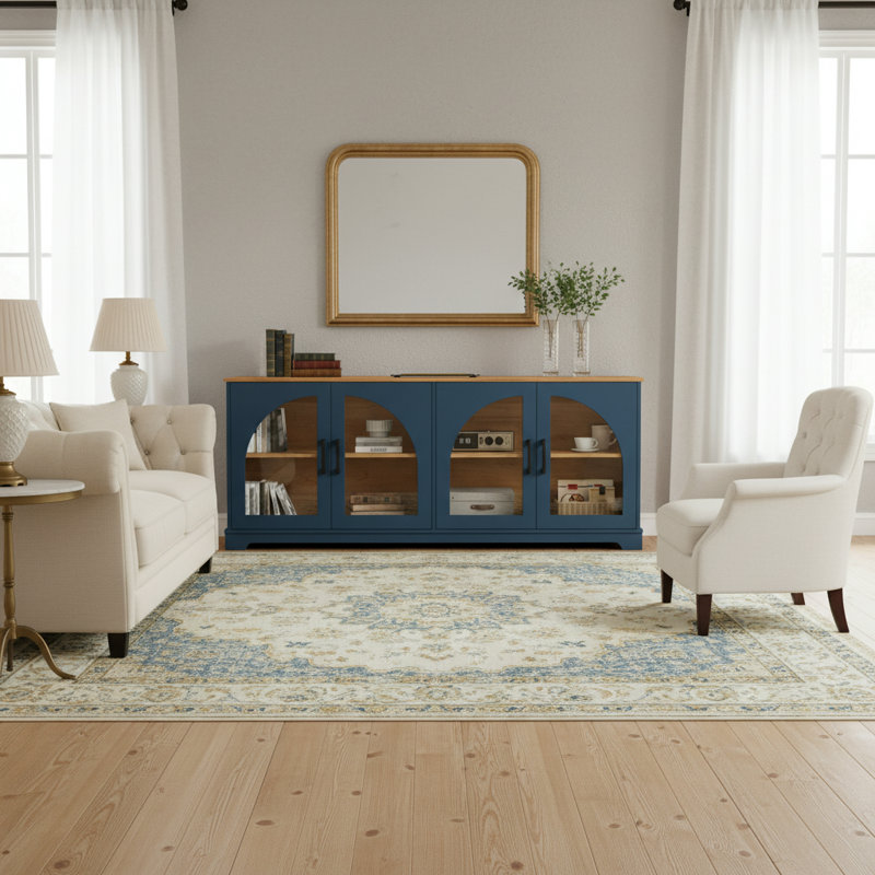 66.9"W Sideboard With French Style Semi-Arched Glass Doors, Blue