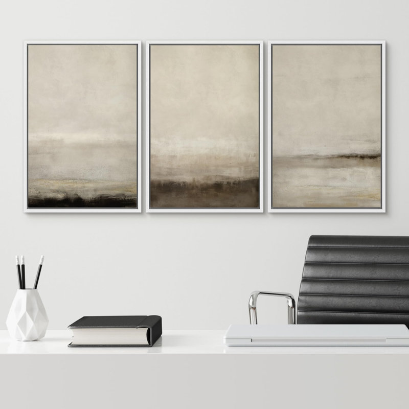 «Misty Horizons Tranquil Scenery In Mon monochrome Abstract», 3 pièces, H 24 po x l 16 po, Blanc