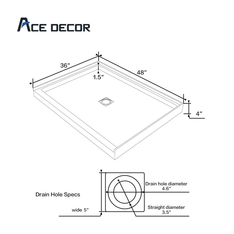 Base de douche 48 po L 48 po x l 36 po x H 4 po à simple seuil avec drain central et surface antidérapante pour salle de bain, blanc