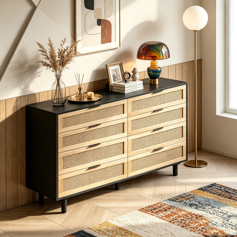 Armoire de rangement en rotin 6 tiroirs, Black