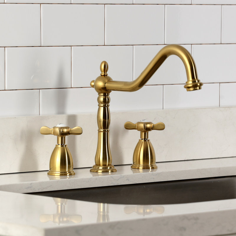 Kingston Brass Essex Double-Handle 3-Hole Widespread Kitchen Faucet, Brushed Brass