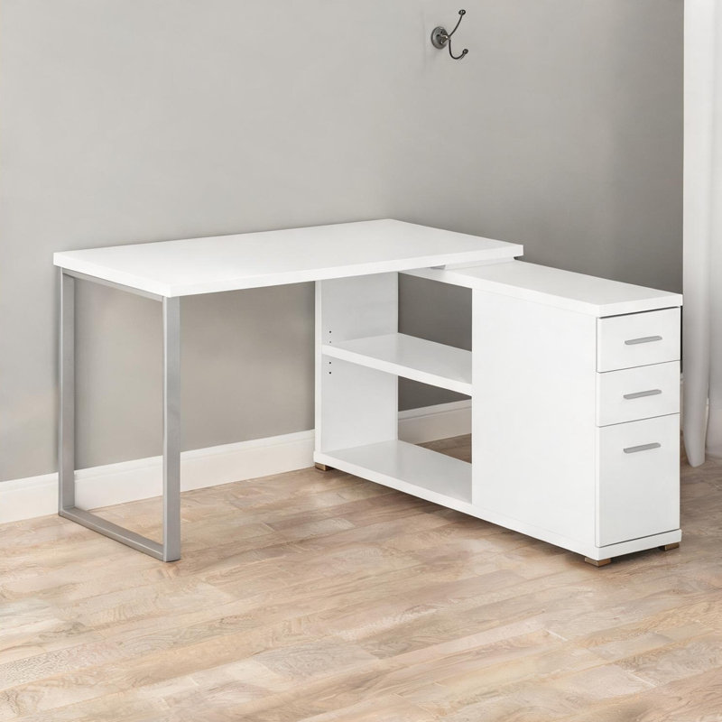 Bureau d'ordinateur en L 47,25 po avec tiroirs de rangement, finition blanche et base en métal gris, design contemporain pour le bureau à domicile
