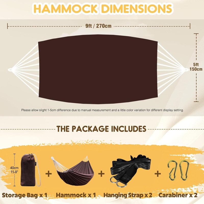 Comfortable Cotton Hammock with Tree-Friendly Straps & Portable Design, Brown
