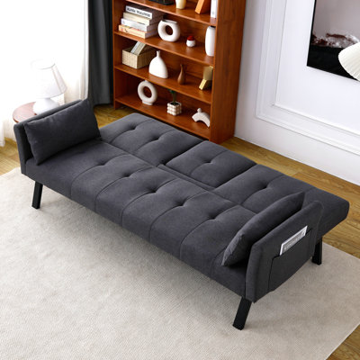 Lit pliable de 70 pouces en coton et en lin, adapté aux petits espaces, avec rangement central pour porte-gobelet, transformation en mode double, 2 sièges, lin gris foncé, lin en coton, multi