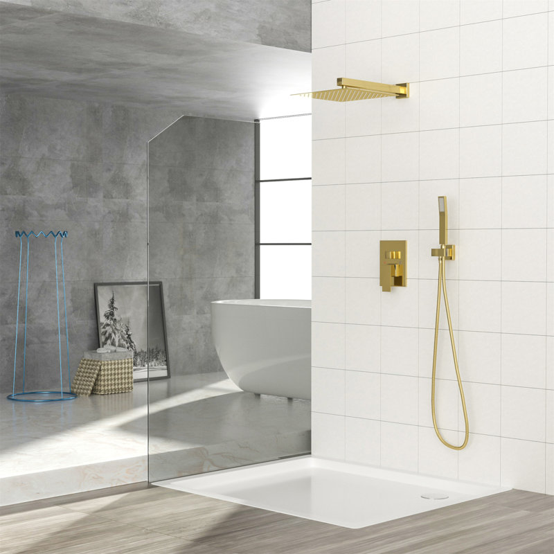 Dual Shower Head - 12 Inch Wall Mounted Square Shower System With Rough-In Valve, Gold