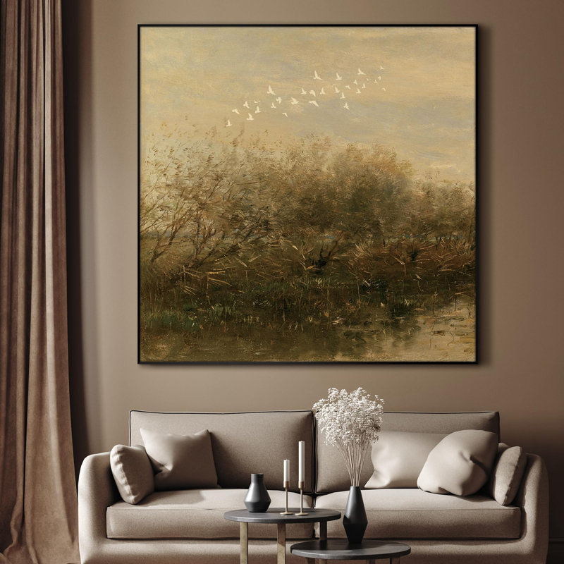 Très grande reproduction d'art sur toile - Oiseaux en vol au-dessus d'un paysage d'automne, décoration pour le salon ou la chambre à coucher - «Assemblage requis du cadre (cadre non fini)»