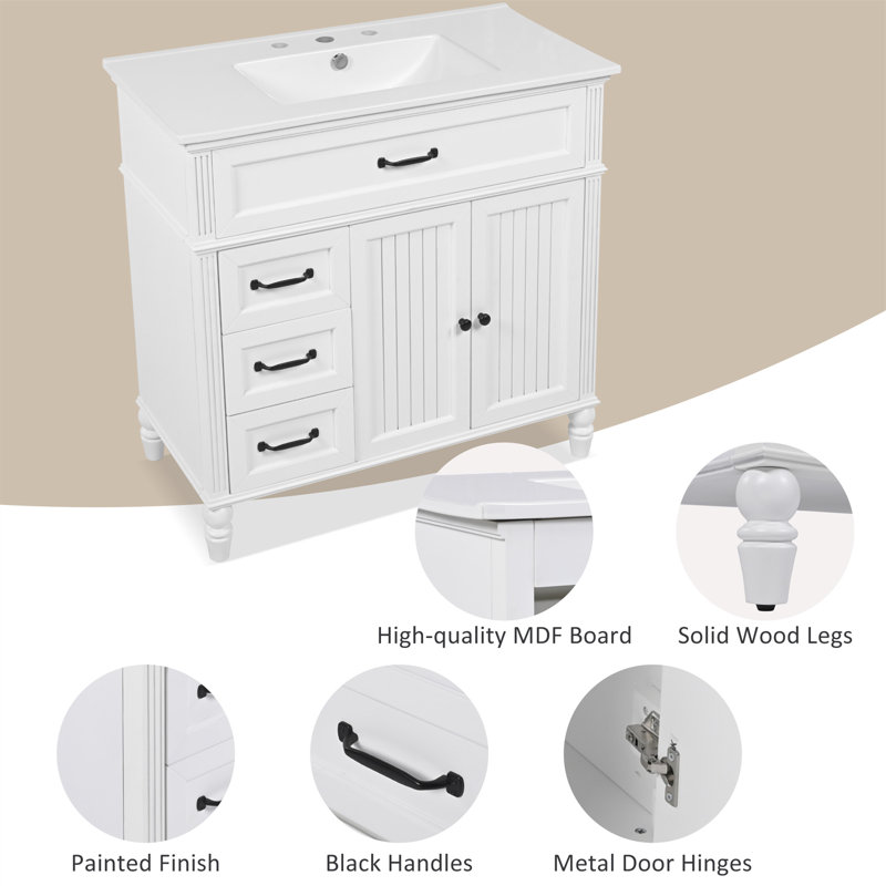 Meuble-lavabo sur pied l 36 po avec comptoir et tiroirs, Blanc
