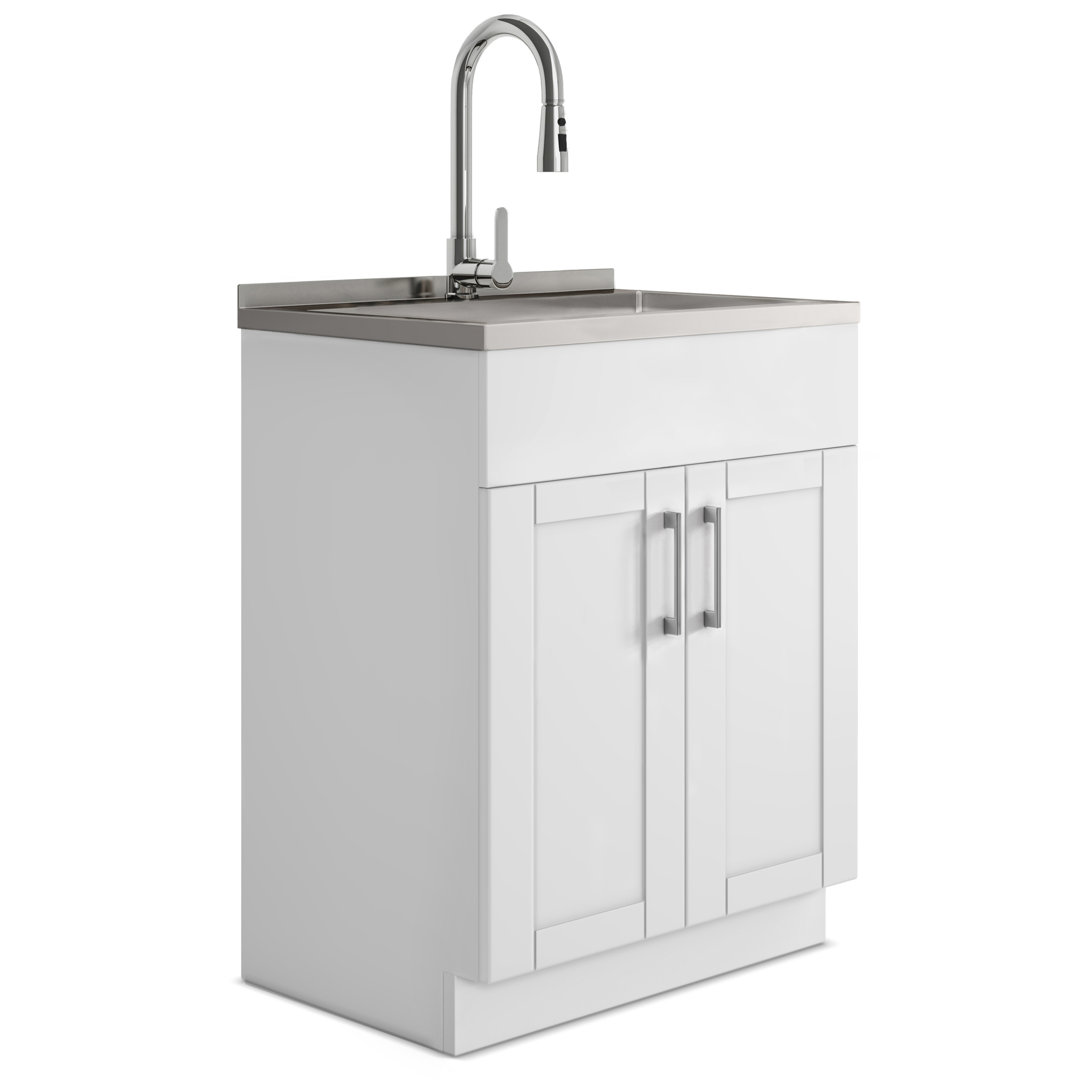 Modern Wide Shaker 28"W Utility Sink & Laundry Cabinet with Pull-Out Facet and Stainless Steel Sink, White Simpli Home