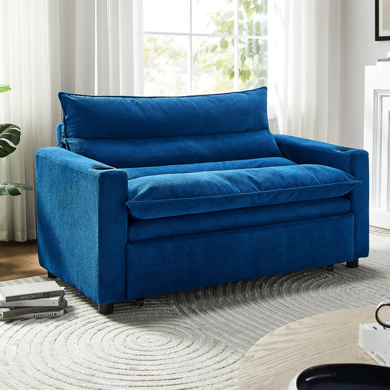 3-in-1 Convertible Velvet Sofa Bed, Pull-Out Sleeper Couch with Adjustable Backrest, Loveseat Chaise Lounge with Cup Holder, Sturdy Steel Frame for Living Room & Small Spaces