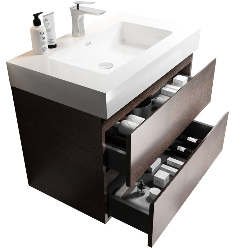 Meuble-lavabo de 30 po en noyer - Lavabo, grand rangement, lisse et silencieux, noyer blanc classique moderne, poignée maximale