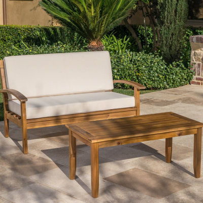 Patio Furniture - Love Seat And Coffee Table, Wood, Water- Cushions For All Weather Outdoor Table , Cushions, Wood Made, Fashionable Reclining Spot, 51 X 32.5 31.25 In